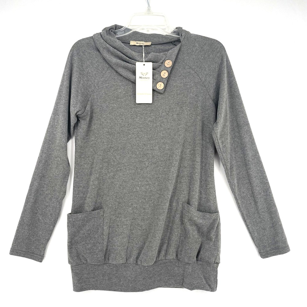 Miusey Cowl Neck Tunic Sweatshirt Top Size S Gray Button Details Front Pockets